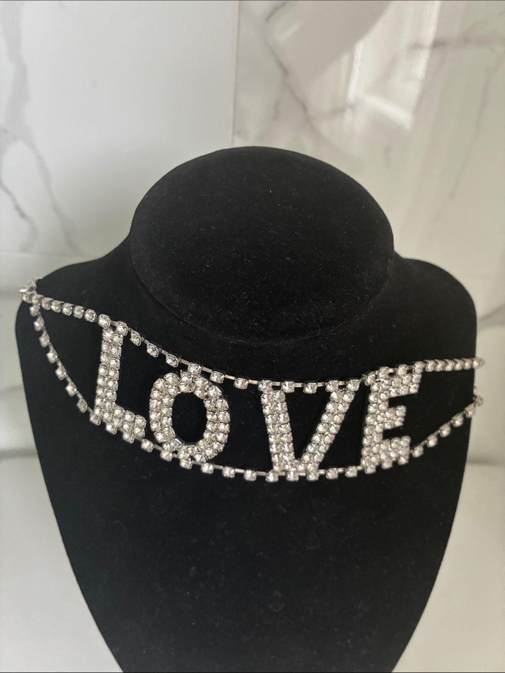Rhinestone "LOVE" Statement Choker Necklace - Silver